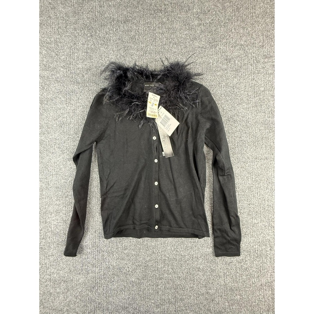 August‎ Silk Cardigan Sweater Womens Petite P Black Fur Trim Collar Button Front